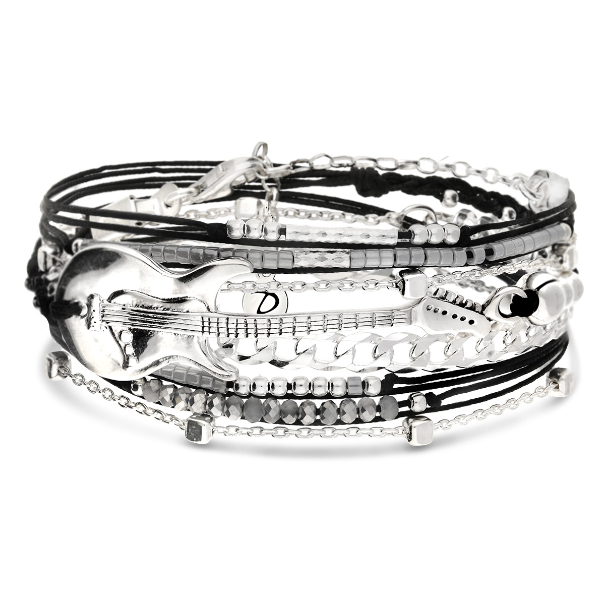 BRACELET TRIPLE TOURS NOIR GUITARE ROCK