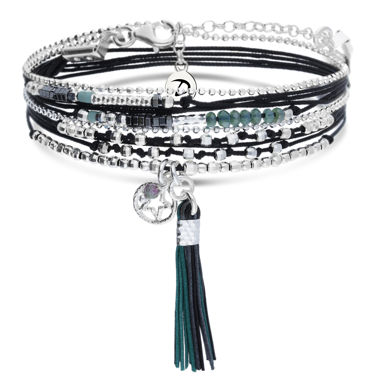 BRACELET MULTI TOURS NOIR ET PERLES VERTES ETOILE CISELÉE ET POMPON