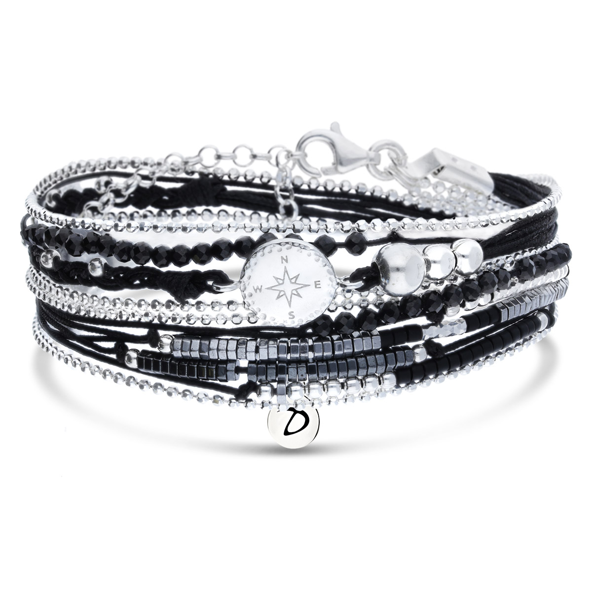 NEW BRACELET DOUBLE TOURS NOIR PERLES HÉMATITES ROSE DES VENTS