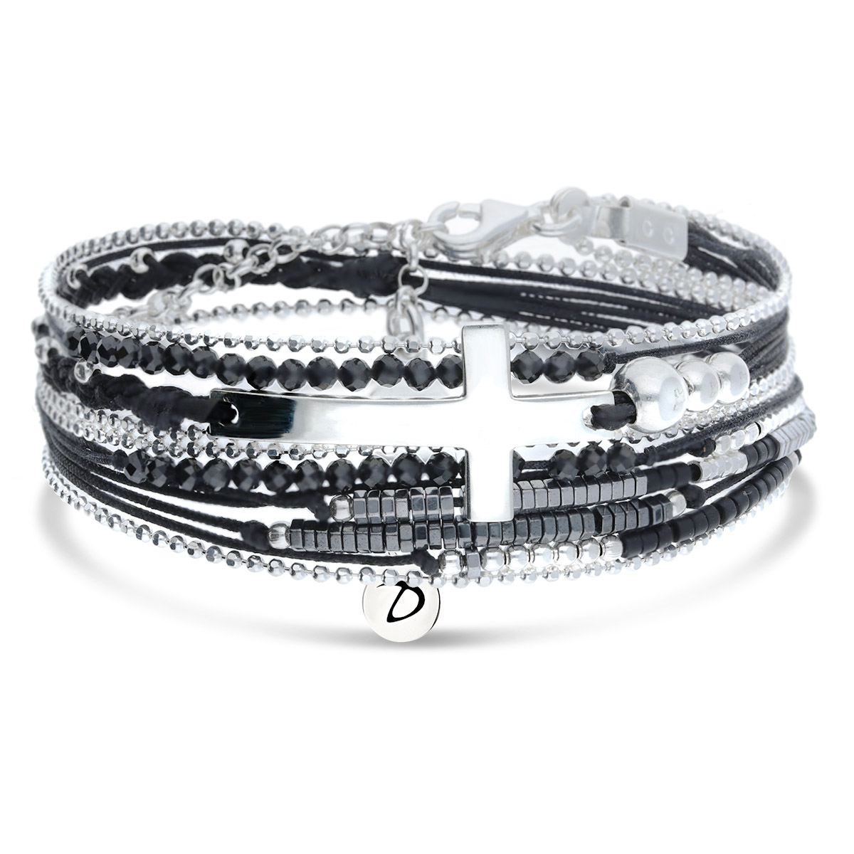NEW BRACELET CORDON DOUBLE TOURS NOIR CROIX