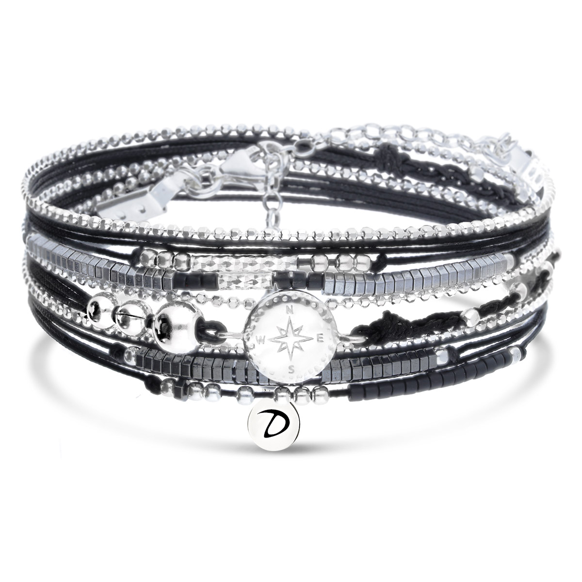 BRACELET MULTI-TOURS NOIR HÉMATITE ROSE DES VENTS
