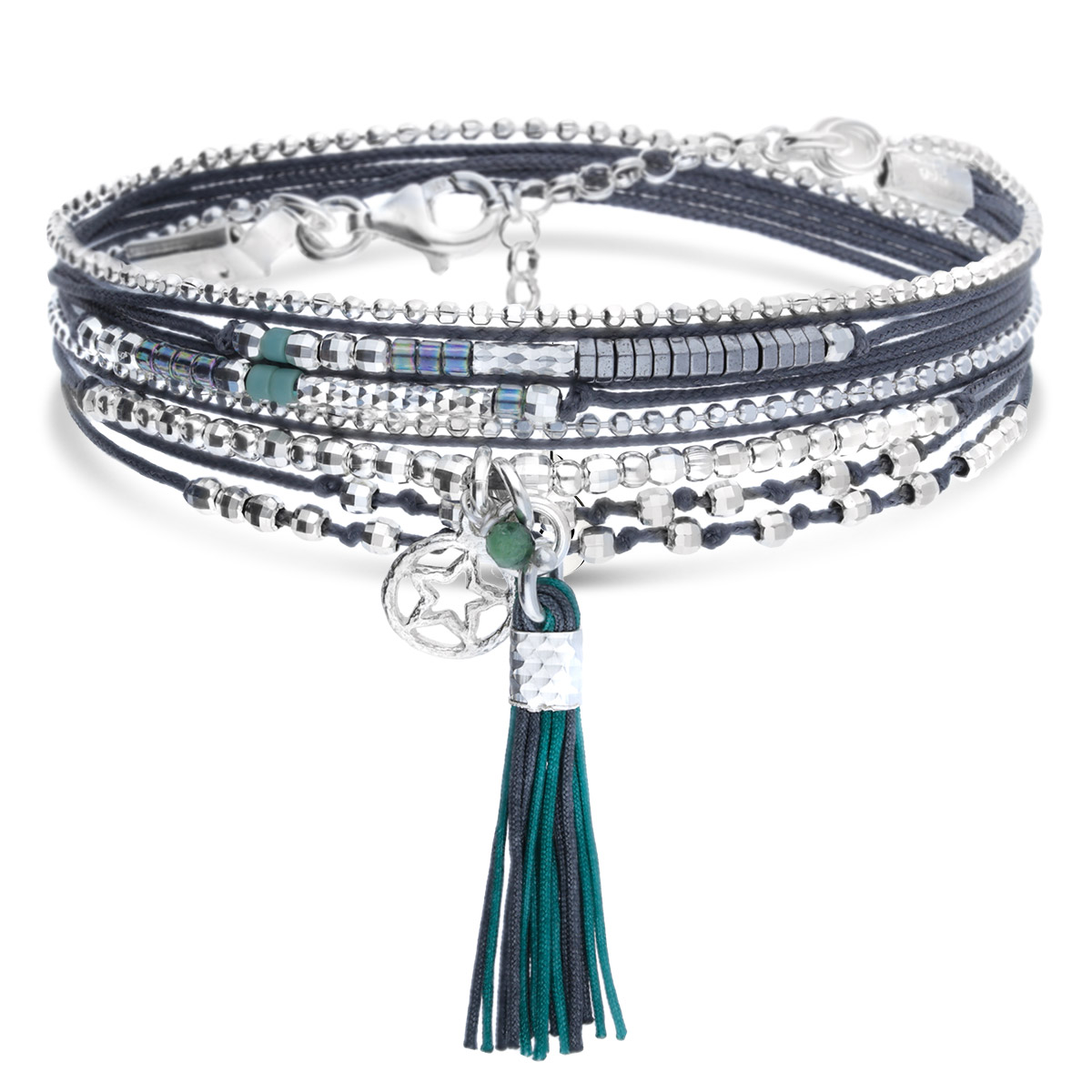 BRACELET MULTI TOURS GRIS ET PERLES VERTES ETOILE CISELÉE ET POMPON