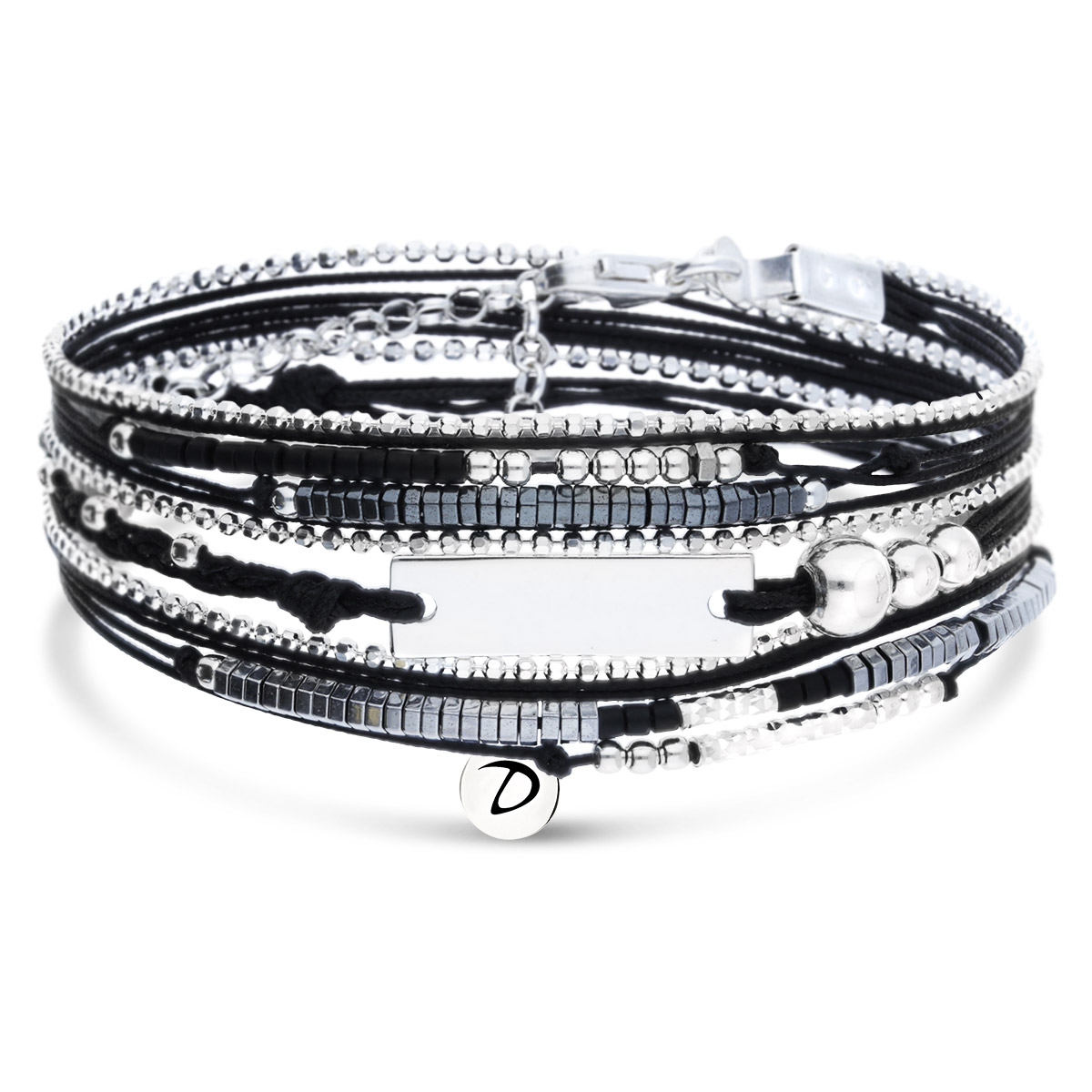 BRACELET NOIR TRIPLE TOURS PLAQUE FINE ARGENT Gravable