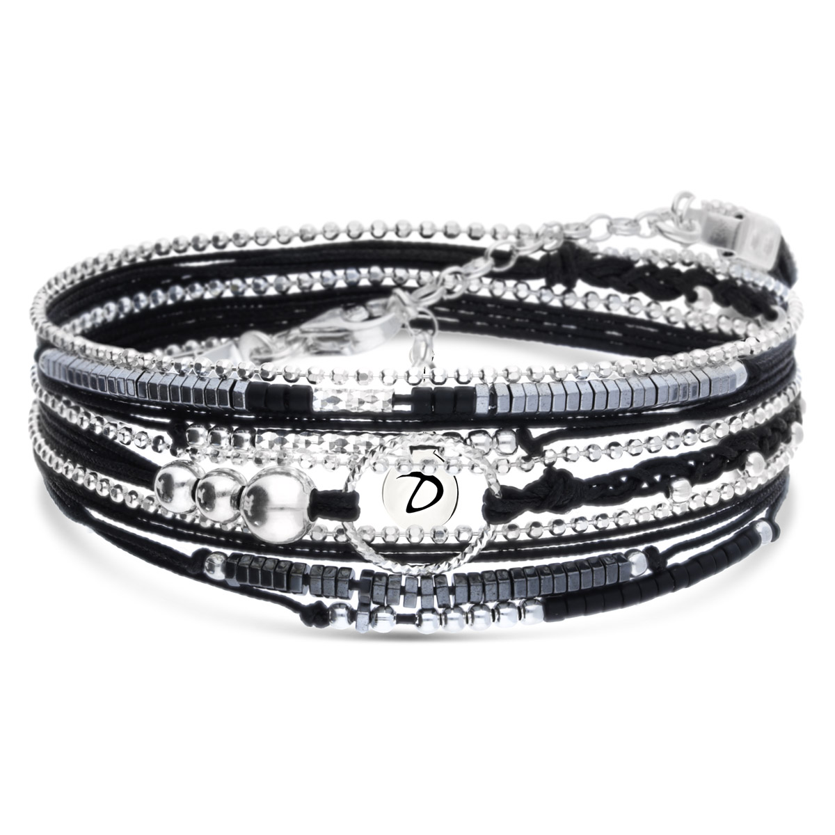 BRACELET NOIR TRIPLE TOURS ANNEAU DIAMANTE