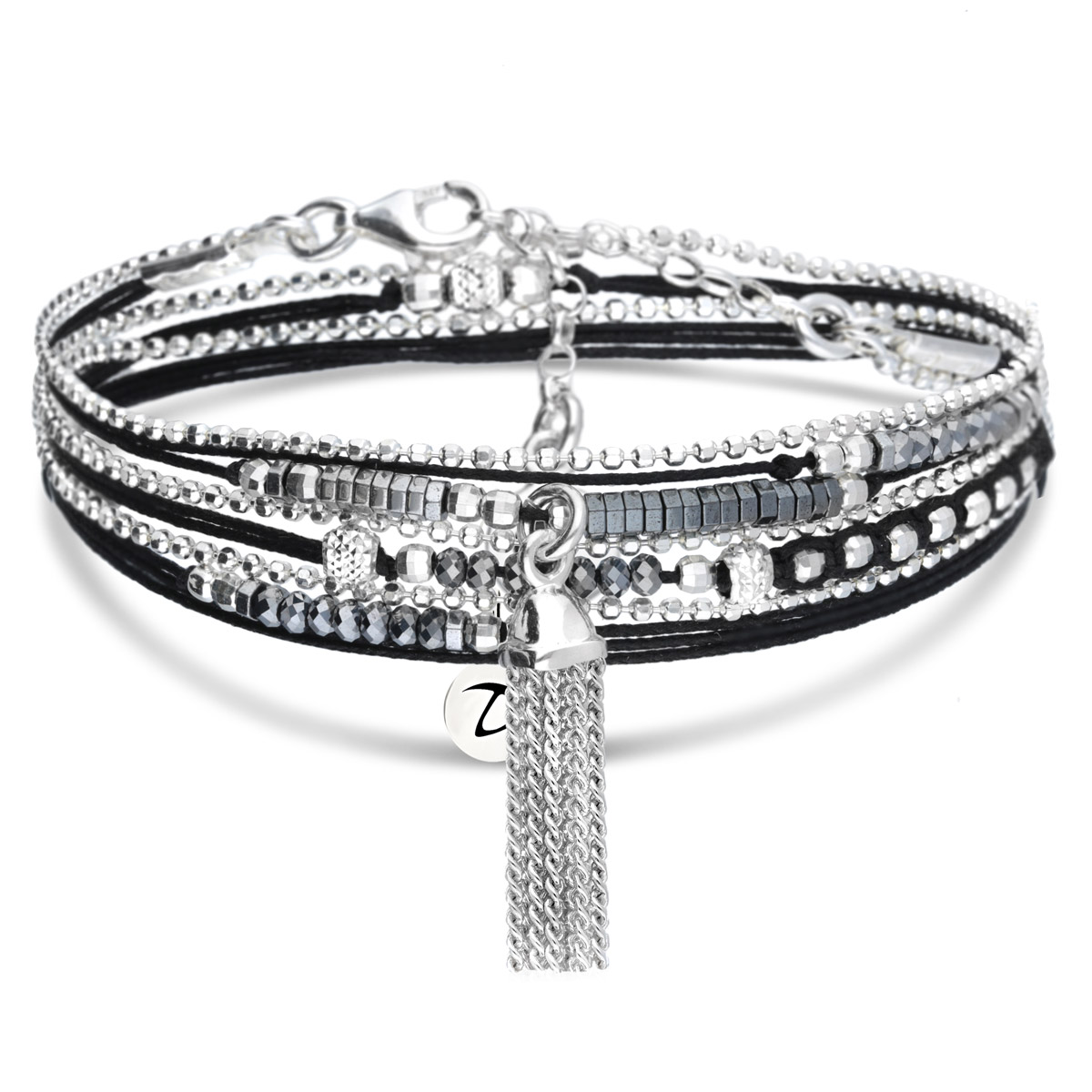 BRACELET TRIPLE TOURS NOIR MACRAMÉ POMPON