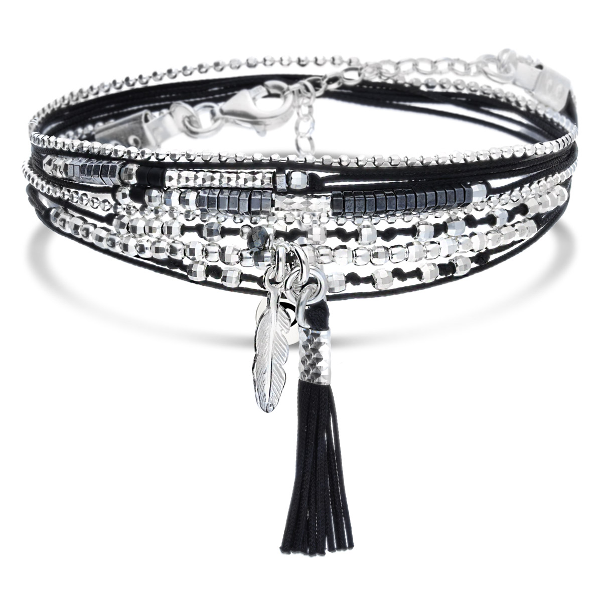 BRACELET MULTI TOURS NOIR PETITE PLUME ET POMPON
