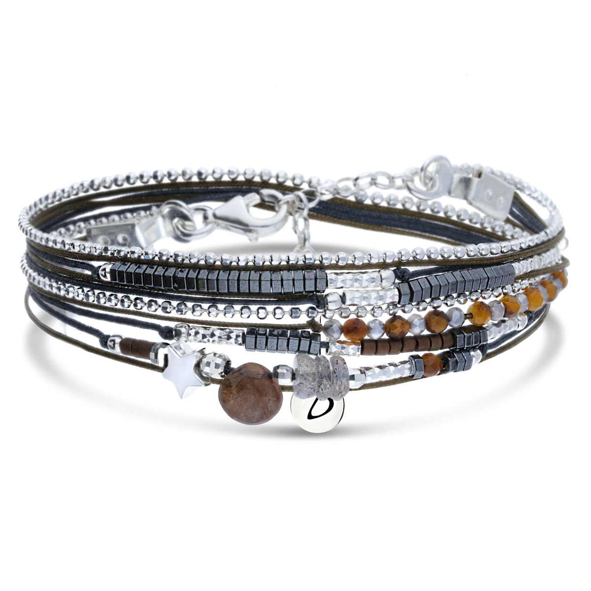 BRACELET MULTI TOURS MARRON GRIS PERLE ETOILE ET ANDALOUSITE