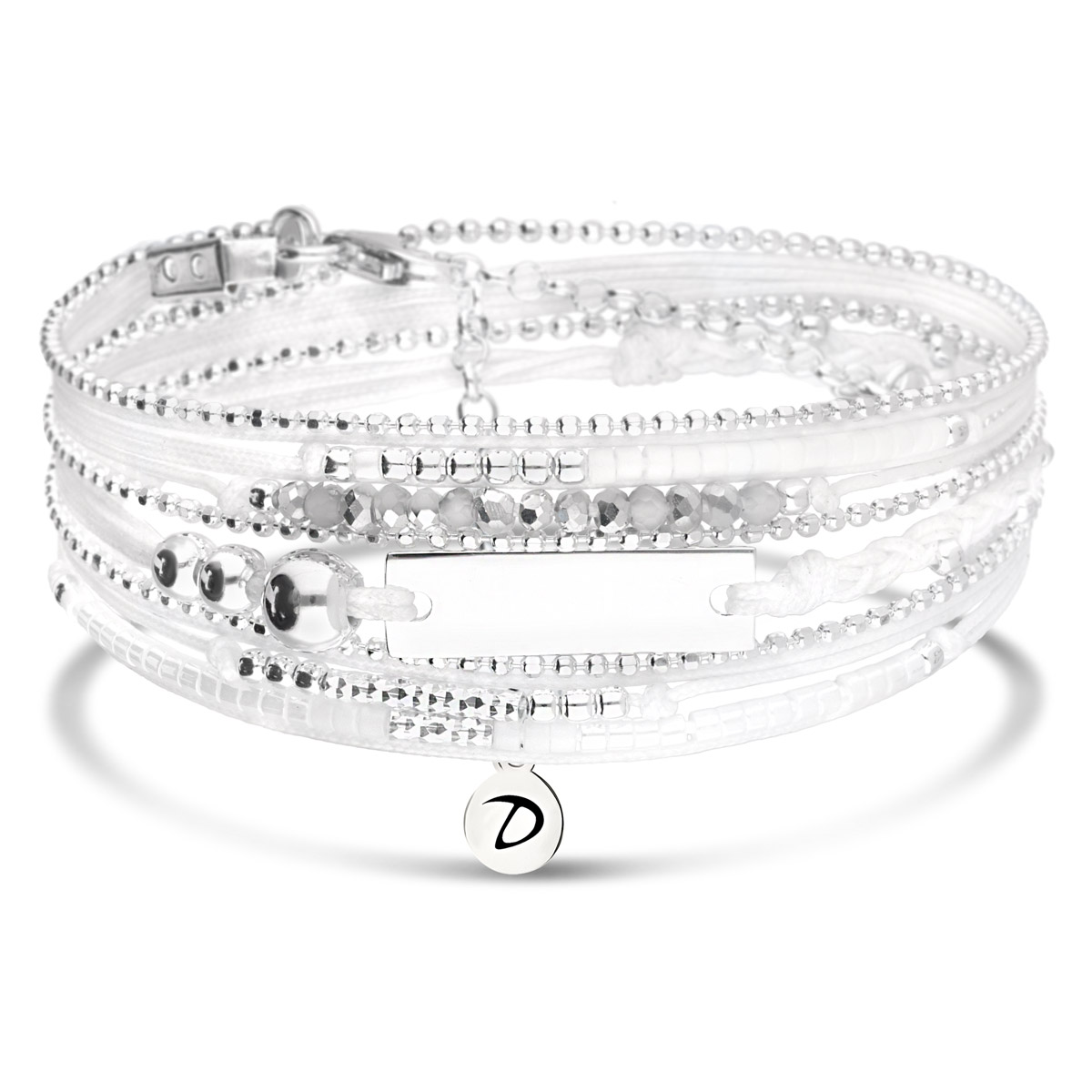 BRACELET BLANC TRIPLE TOURS PLAQUE FINE ARGENT Gravable