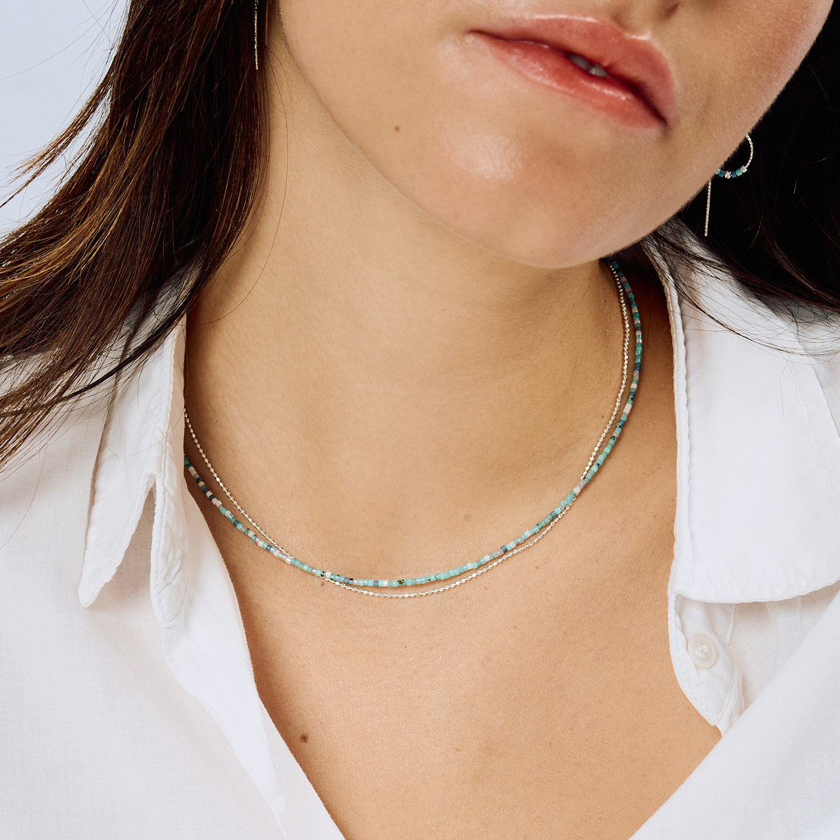 Collier Double Rangs Argent 925 Bleu Turquoise Le Miyuki