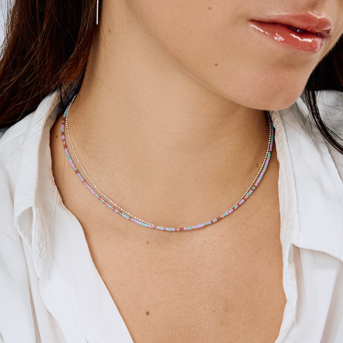 Collier Double Rangs Argent 925 Violet Turquoise Le Miyuki