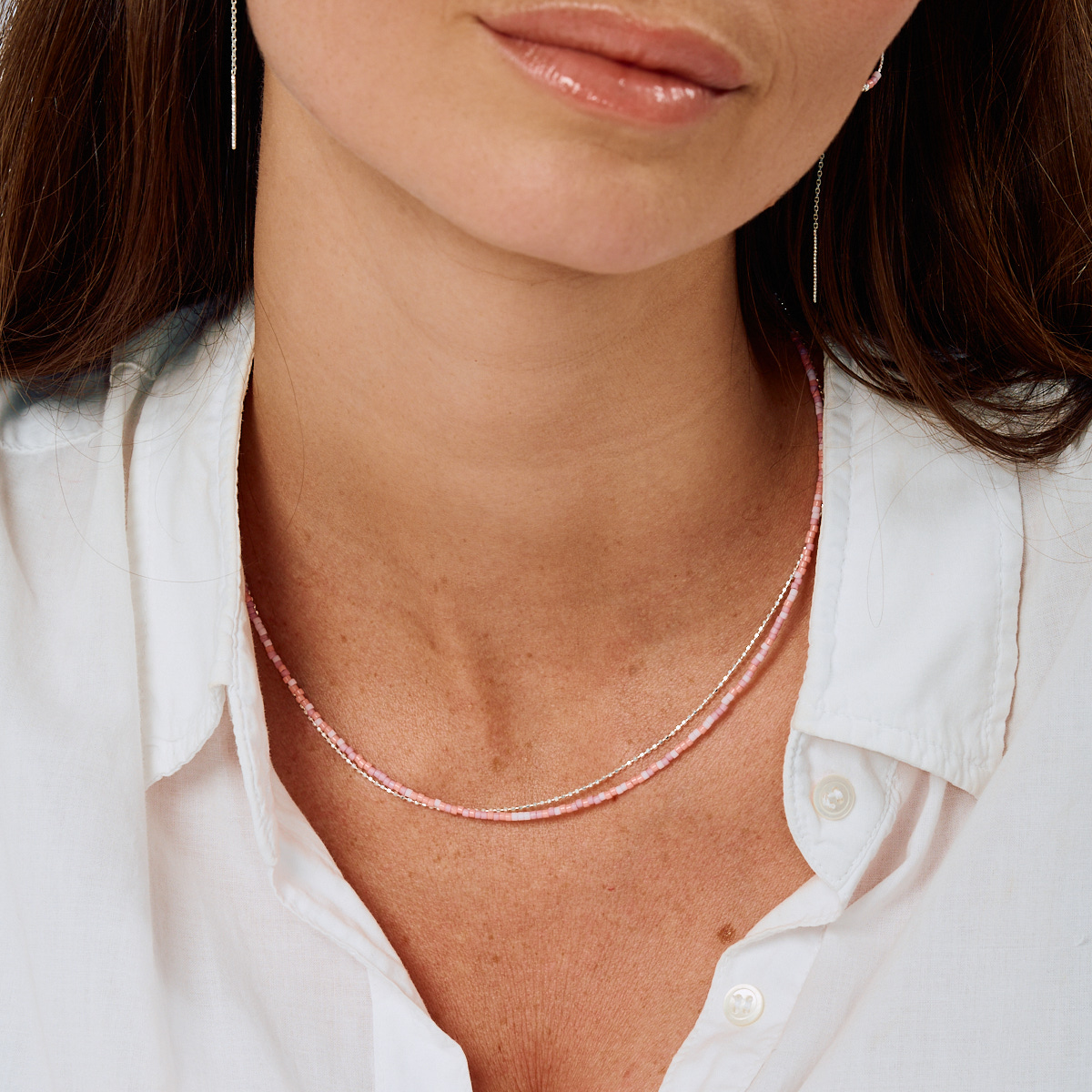 Collier Double Rangs Argent 925 Rose Orangé Le Miyuki
