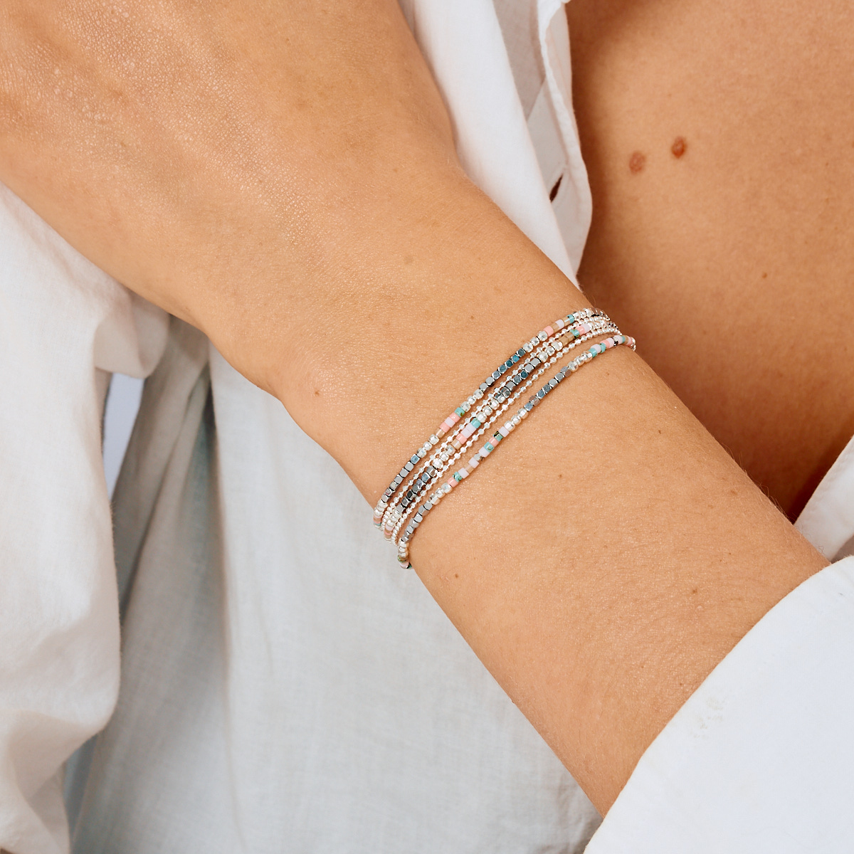 Bracelet 3 Tours Élastique Argent 925 Le Radieux Rose Turquoise
