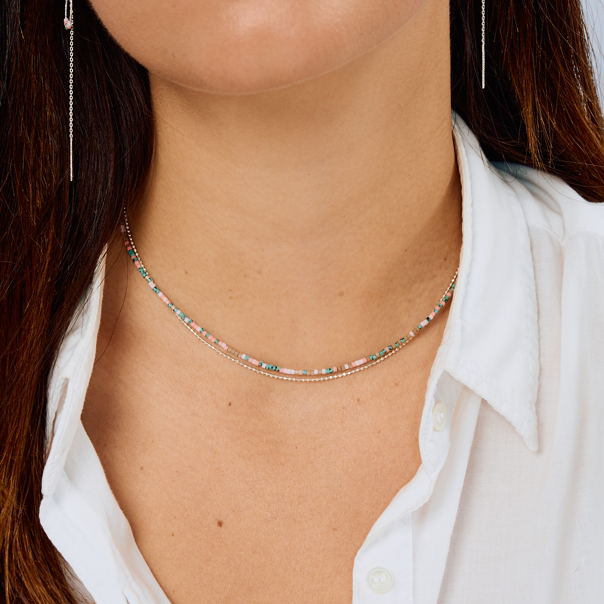 Collier Double Rangs Argent 925 Rose Turquoise Le Miyuki