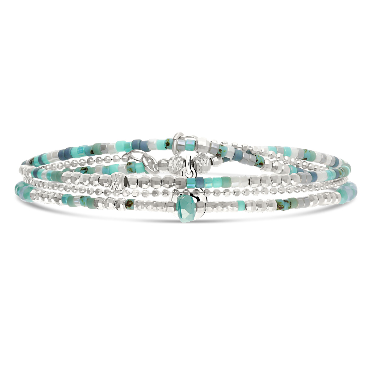 Bracelet Élastique 2 Tours Argent 925 Spring Bleu Turquoise Chaîne Diamantée