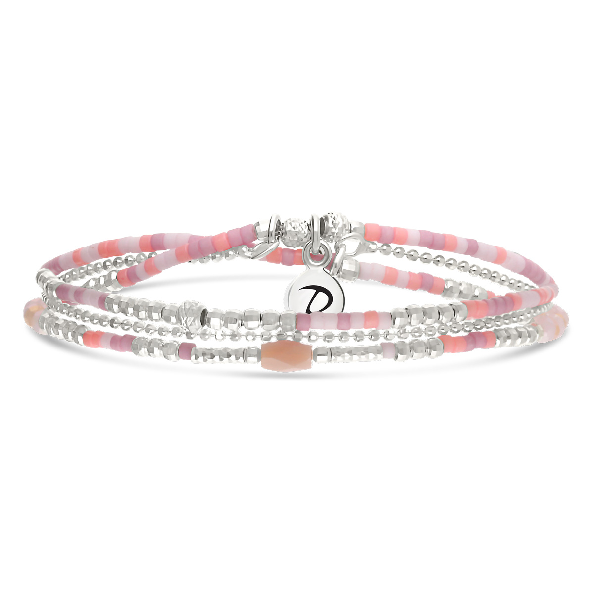 Bracelet Élastique 2 Tours Argent 925 Spring Rose Orangé Chaîne Diamantée