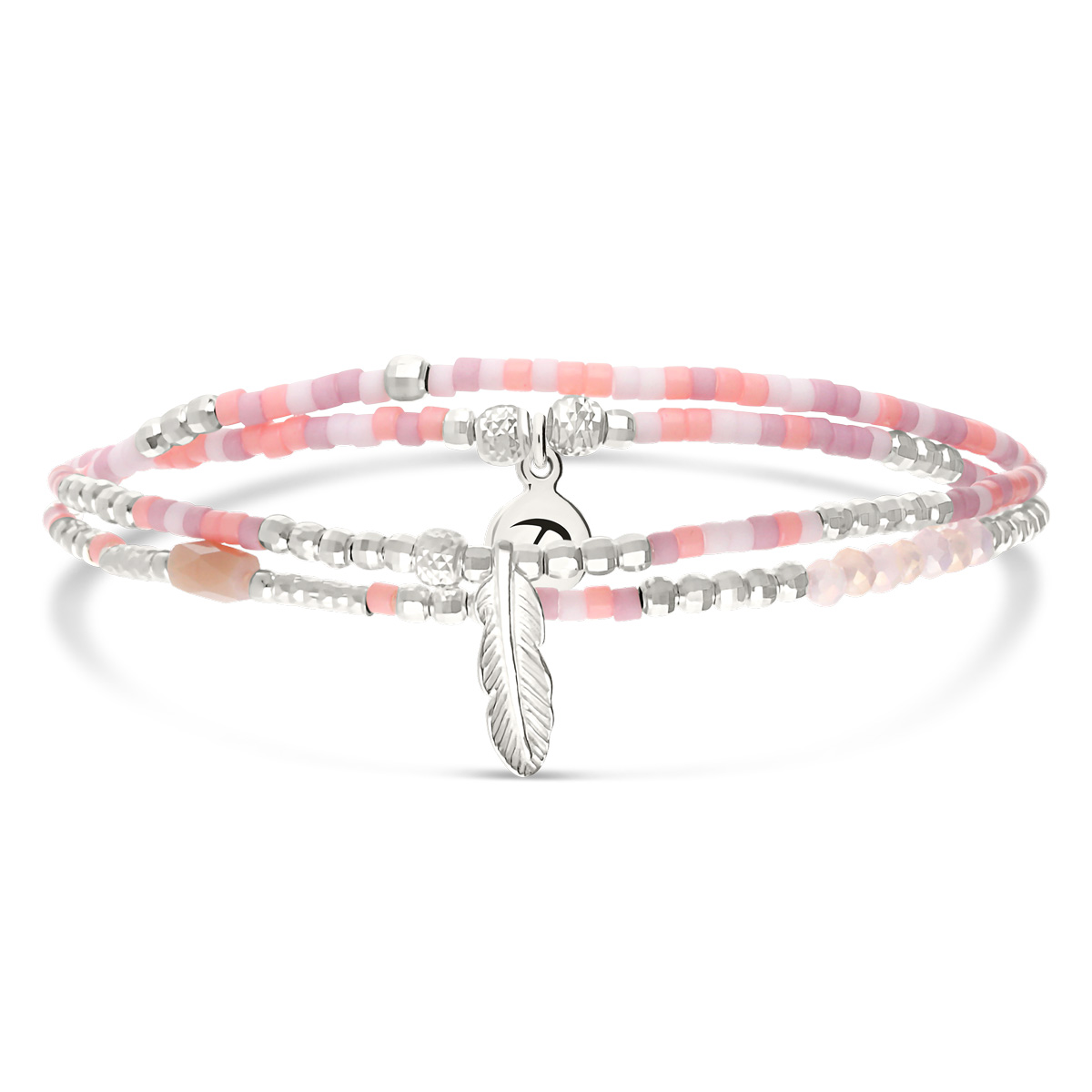 Bracelet Élastique 2 Tours Argent 925 Spring Rose Orangé Plume