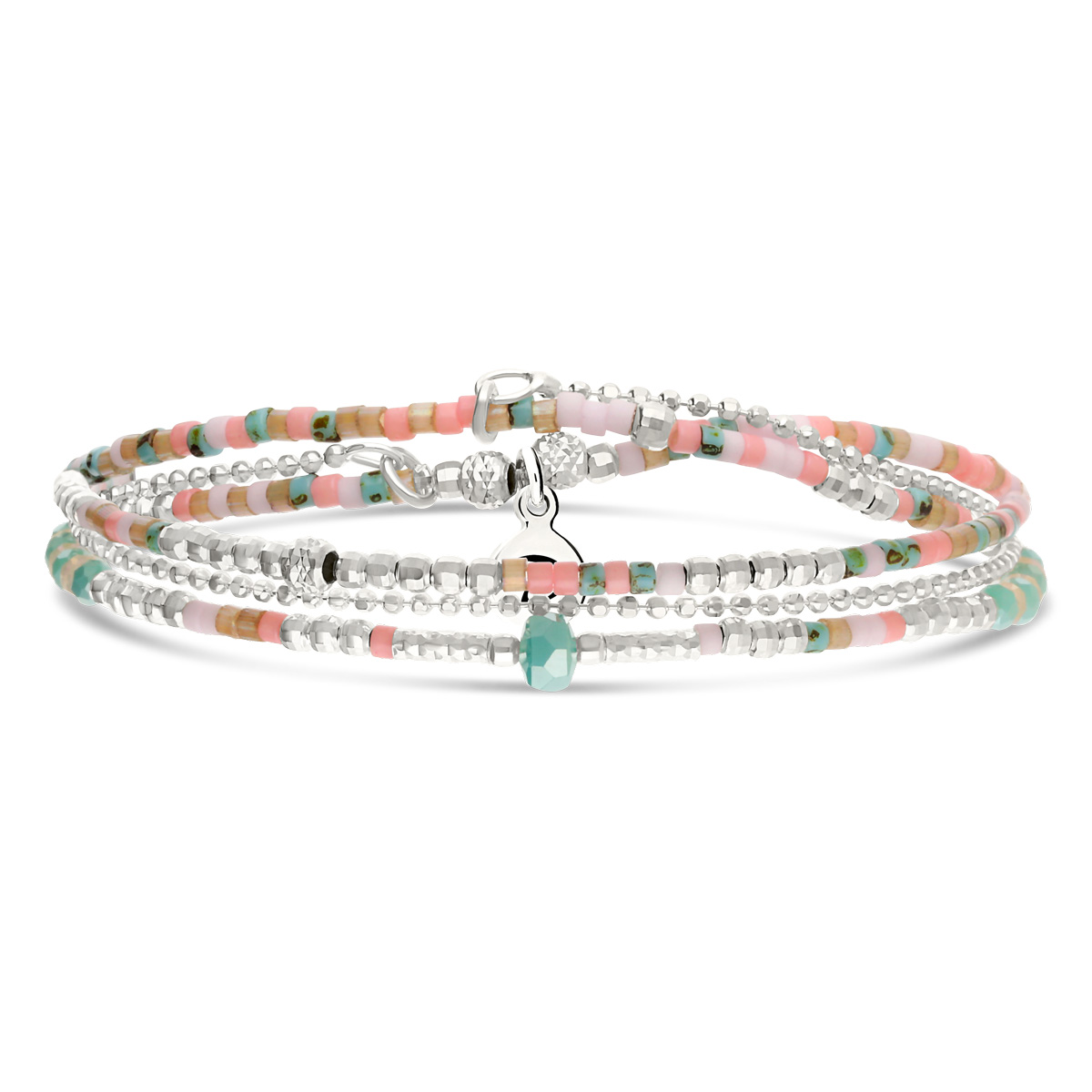 Bracelet Élastique 2 Tours Argent 925 Spring Rose Turquoise Chaîne Diamantée