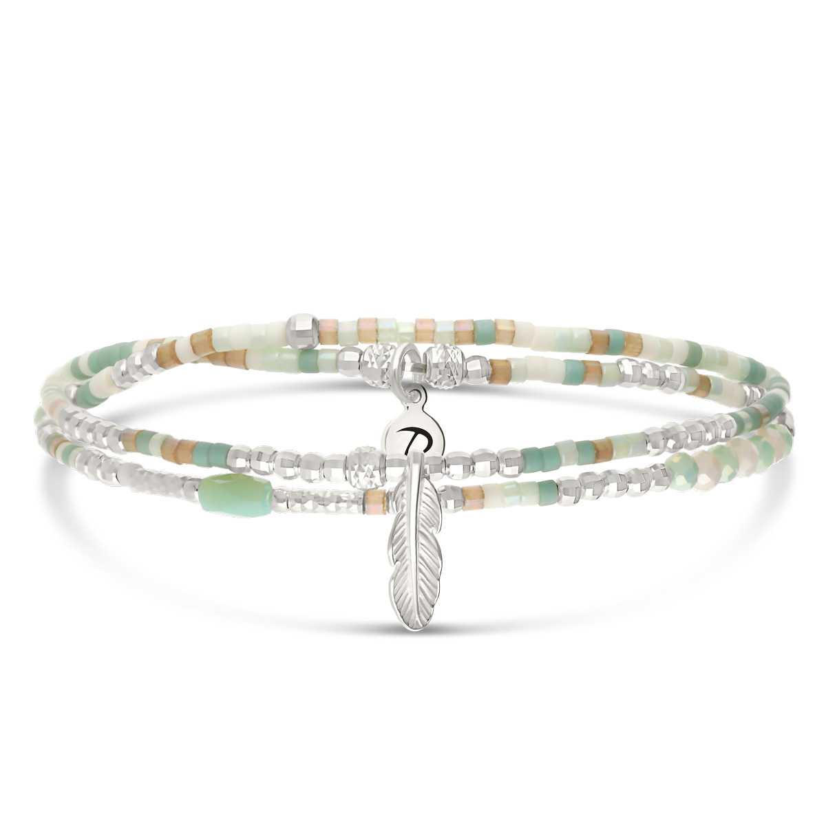 Bracelet Élastique 2 Tours Argent 925 Spring Vert Amande Plume