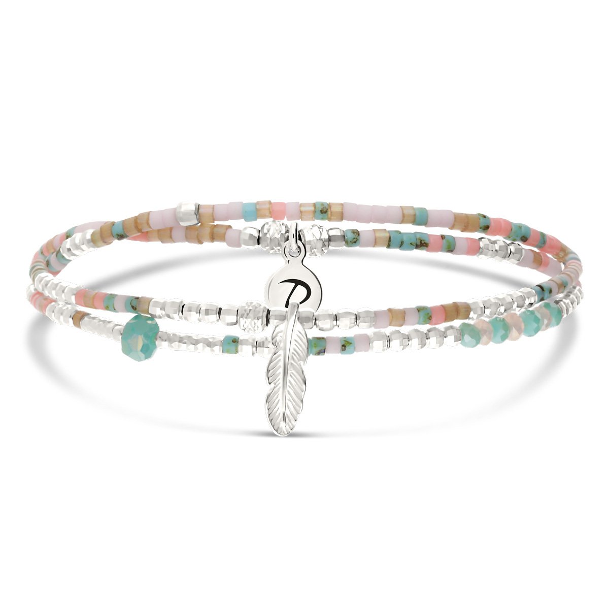 Bracelet Élastique 2 Tours Argent 925 Spring Rose Turquoise Plume