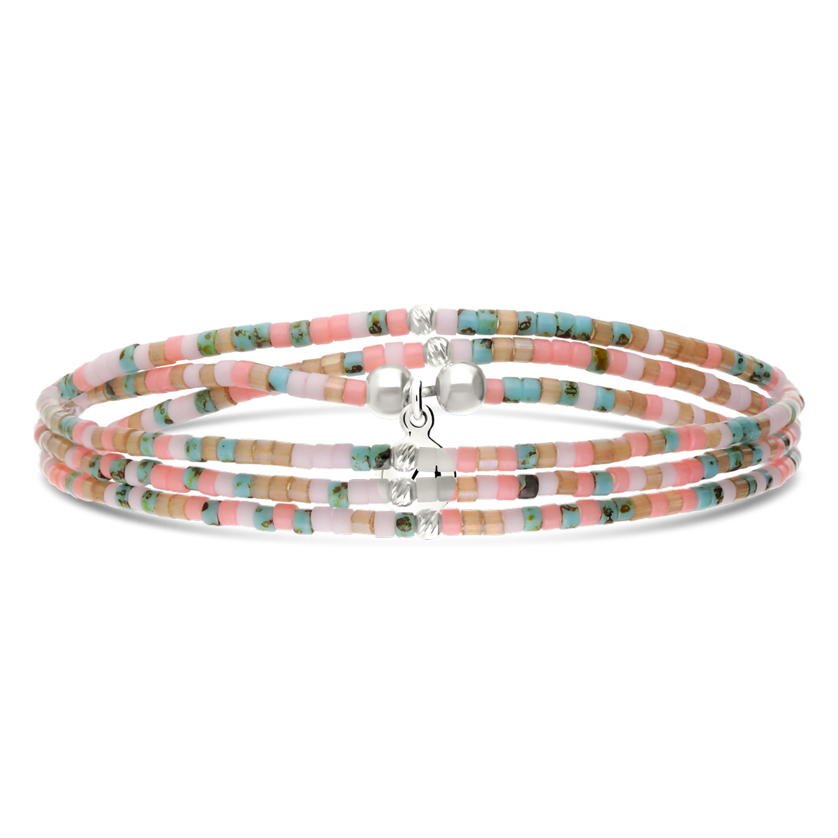 Bracelet Élastique 3 Tours Argent 925 Miyuki Rose Turquoise