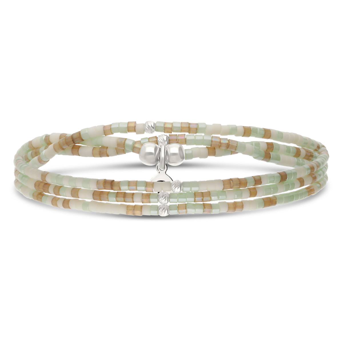 Bracelet Élastique 3 Tours Argent 925 Miyuki Vert Crème