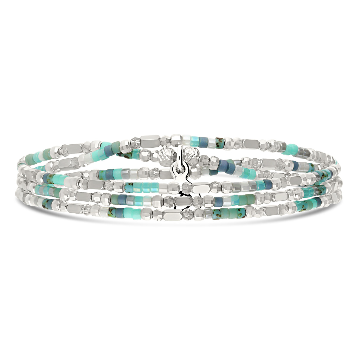 Bracelet Élastique 3 Tours Argent 925 Le Sunset Bleu Turquoise Hématite