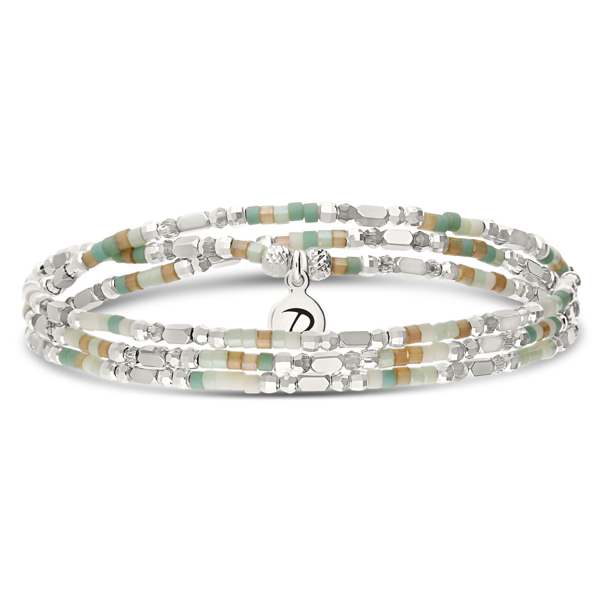 Bracelet Élastique 3 Tours Argent 925 Le Sunset Vert Amande Hématite