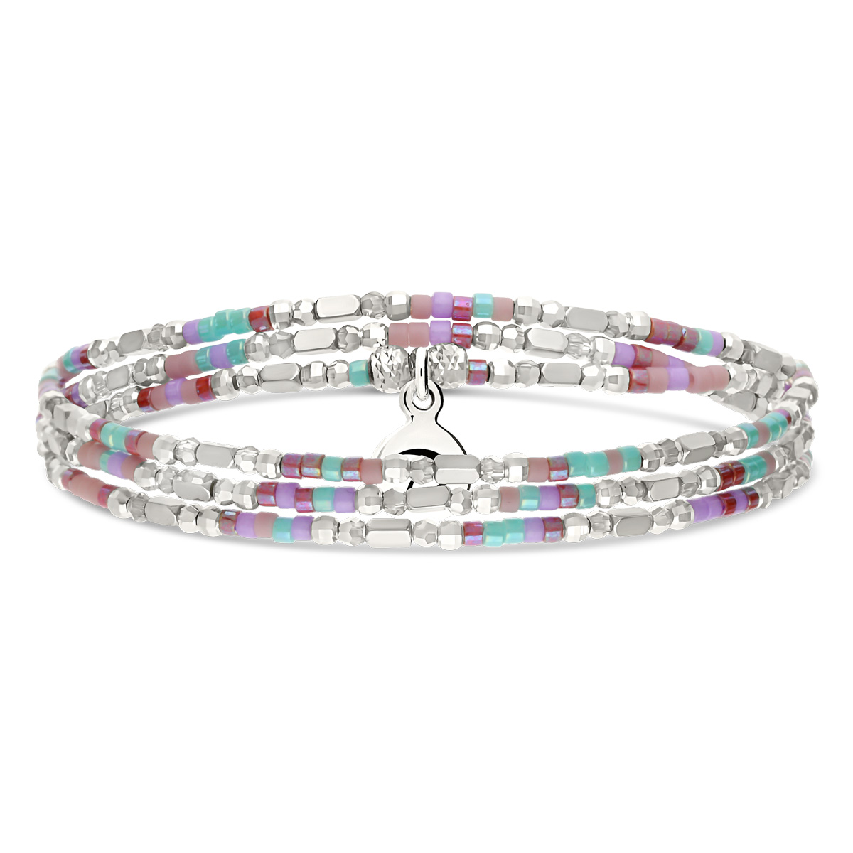 Bracelet Élastique 3 Tours Argent 925 Le Sunset Violet Turquoise Hématite