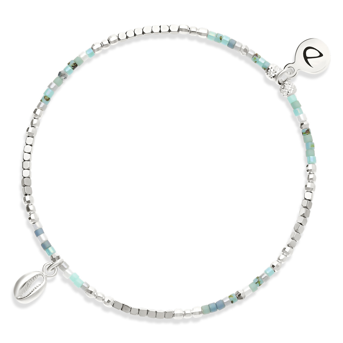 Bracelet Élastique Argent 925 Cauris Bleu Turquoise Hématite