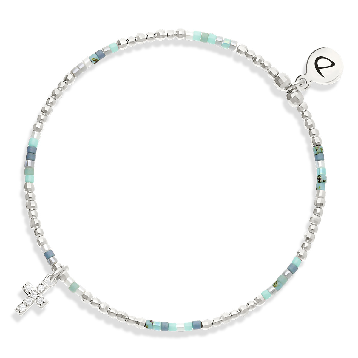 Bracelet Élastique Argent 925 Croix Oxyde Bleu Turquoise
