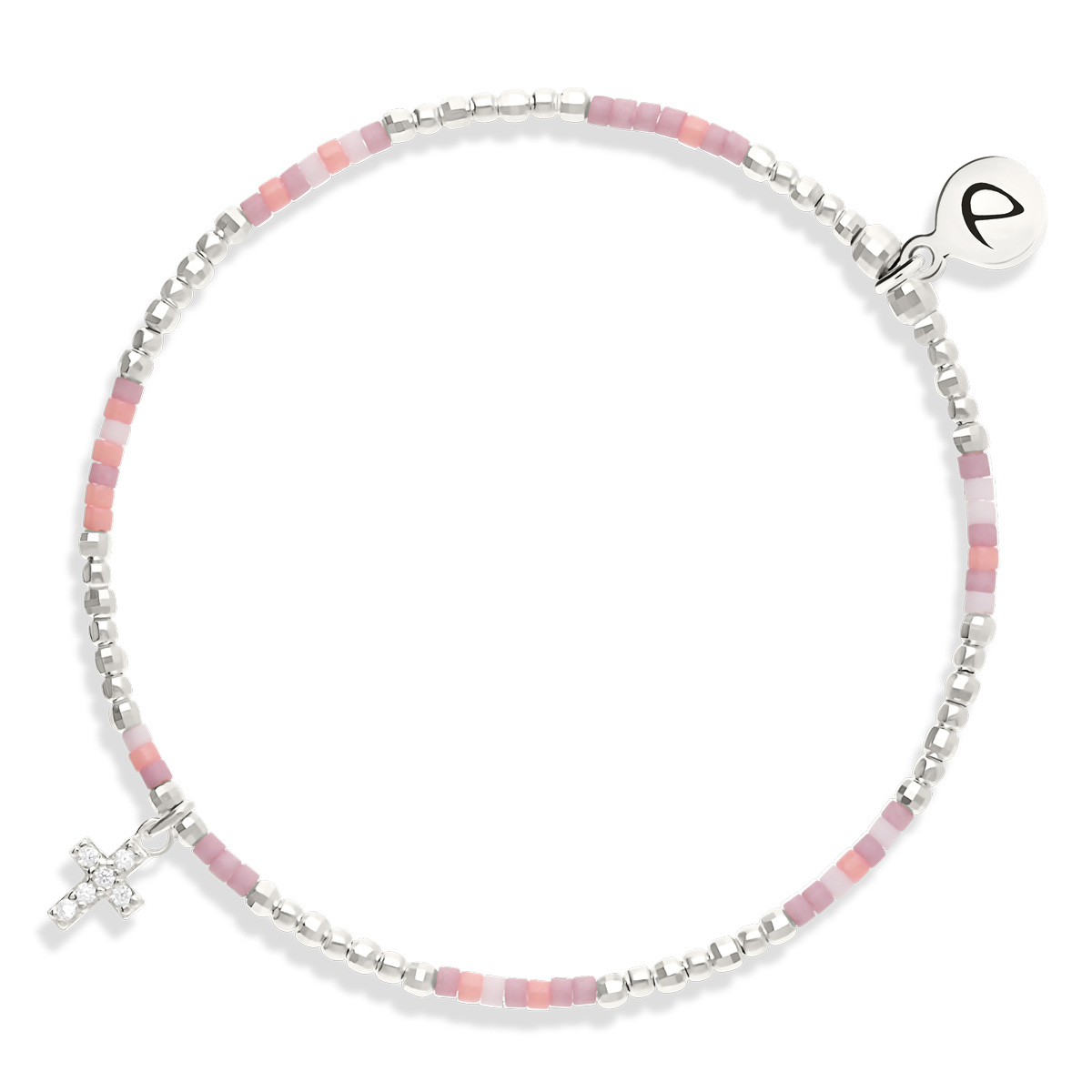 Bracelet Élastique Argent 925 Croix Oxyde Rose Orangé