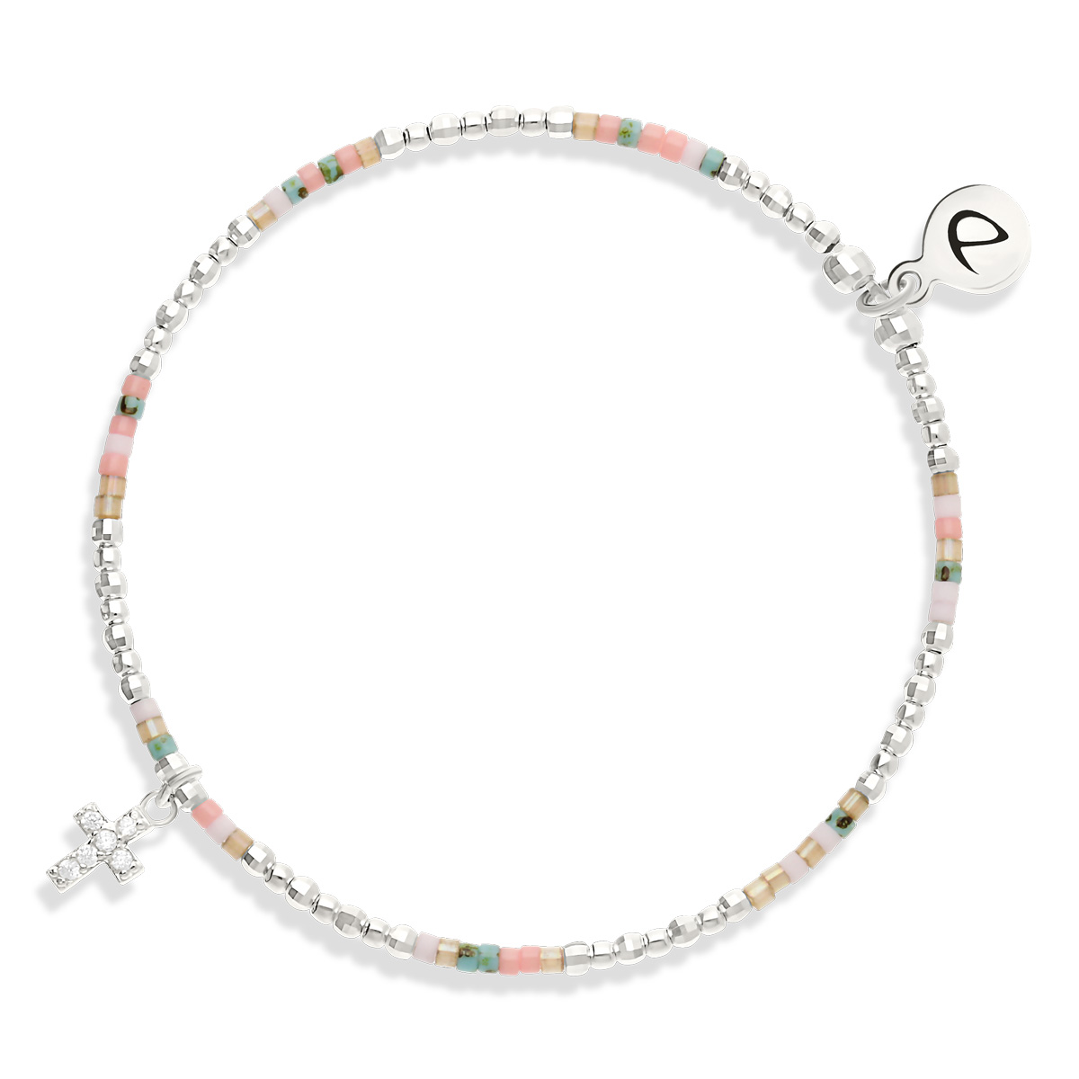 Bracelet Élastique Argent 925 Croix Oxyde Rose Turquoise