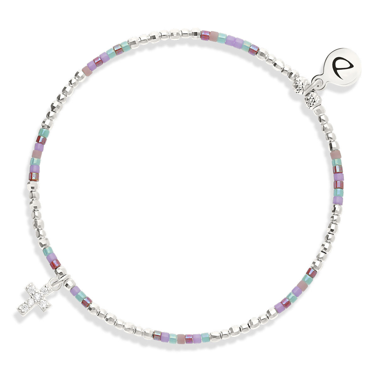 Bracelet Élastique Argent 925 Croix Oxyde Violet Turquoise