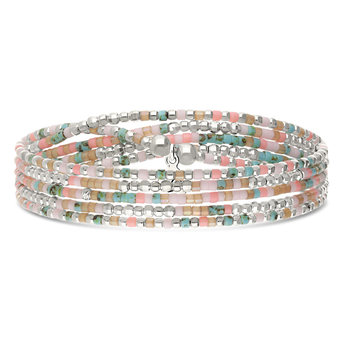 Bracelet Élastique 5 Tours Argent 925 Rose Turquoise
