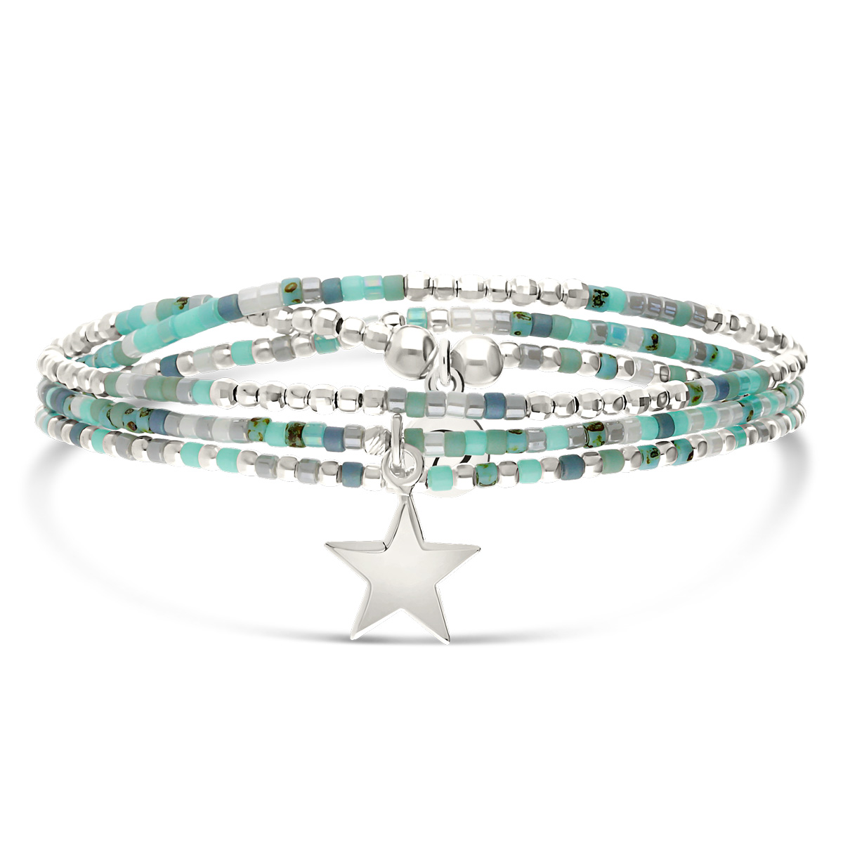 Bracelet Élastique 3 Tours Argent 925 Étoile Lisse Bleu Turquoise Gravable