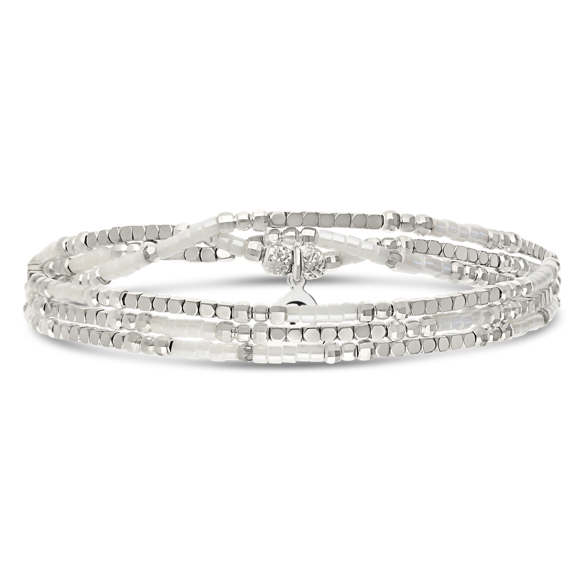 Bracelet Élastique 3 Tours Argent 925 Blanc et Hématite