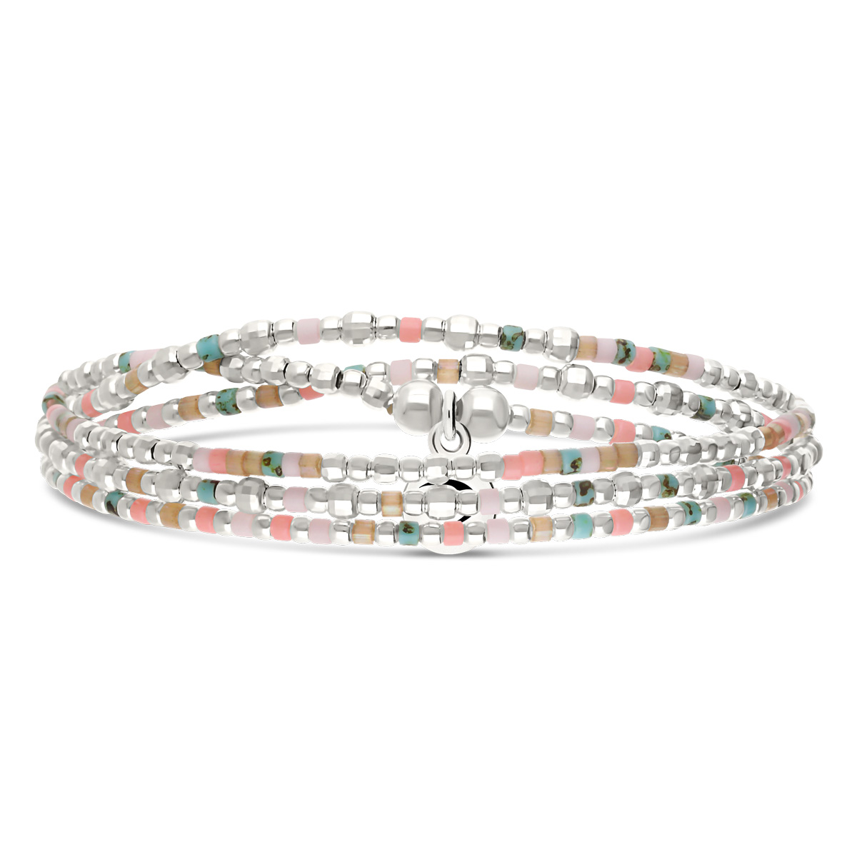 Bracelet Élastique 3 Tours Argent 925 L’ Horizon Rose Turquoise