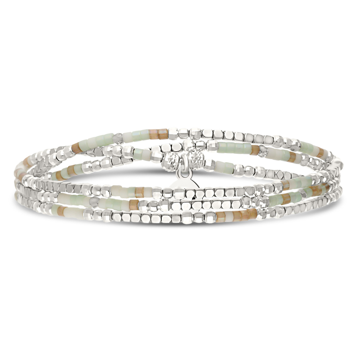 Bracelet Élastique 3 Tours Argent 925 Vert Crème et Hématite