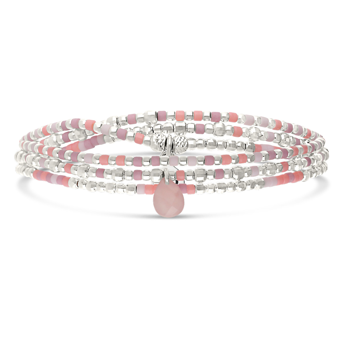 Bracelet Élastique 3 Tours Argent 925 Quartz Intense Rose Orangé