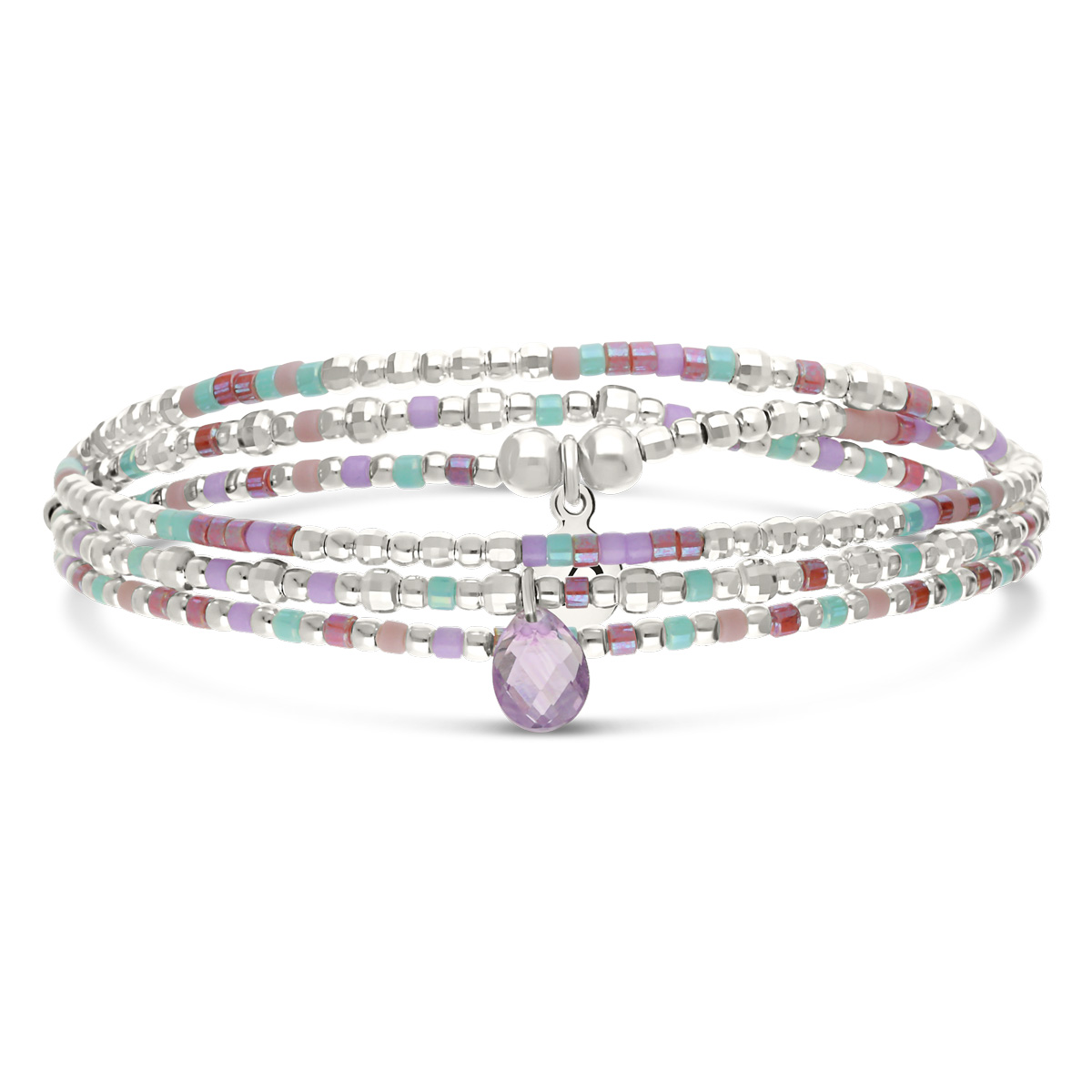 Bracelet Élastique 3 Tours Argent 925 L \' Améthyste Violet Turquoise