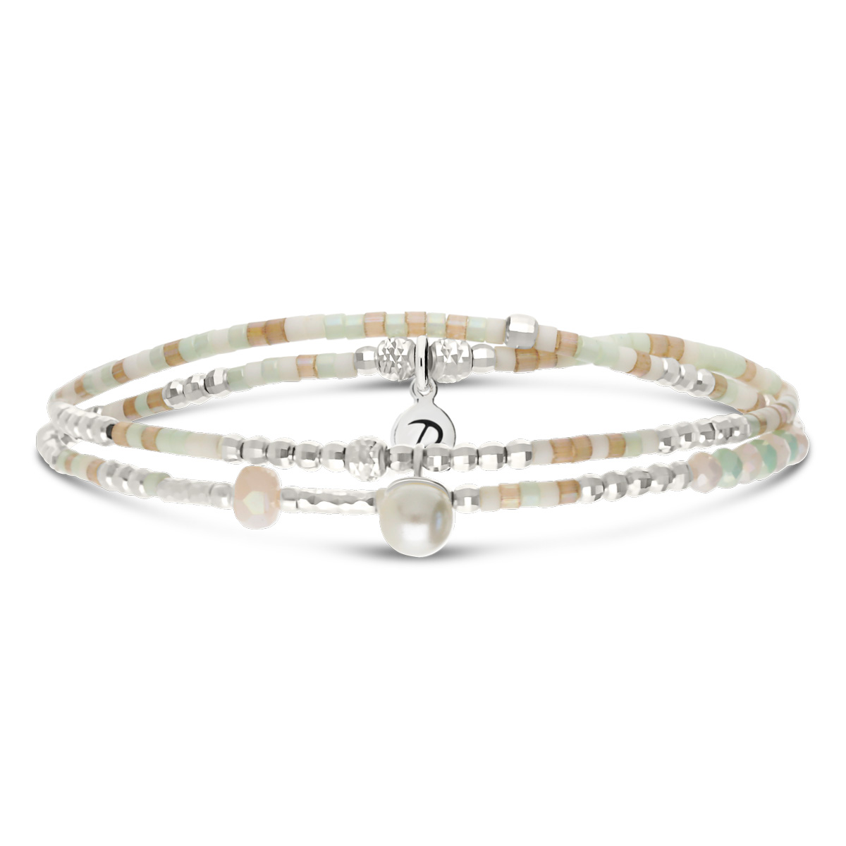 Bracelet Élastique 2 Tours Argent 925 Perle Nacrée Vert Amande