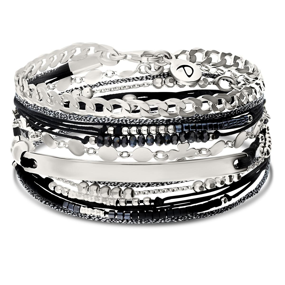 BRACELET MULTI TOURS NOIR BARRE COURBÉE ET CHAINE GOURMETTE