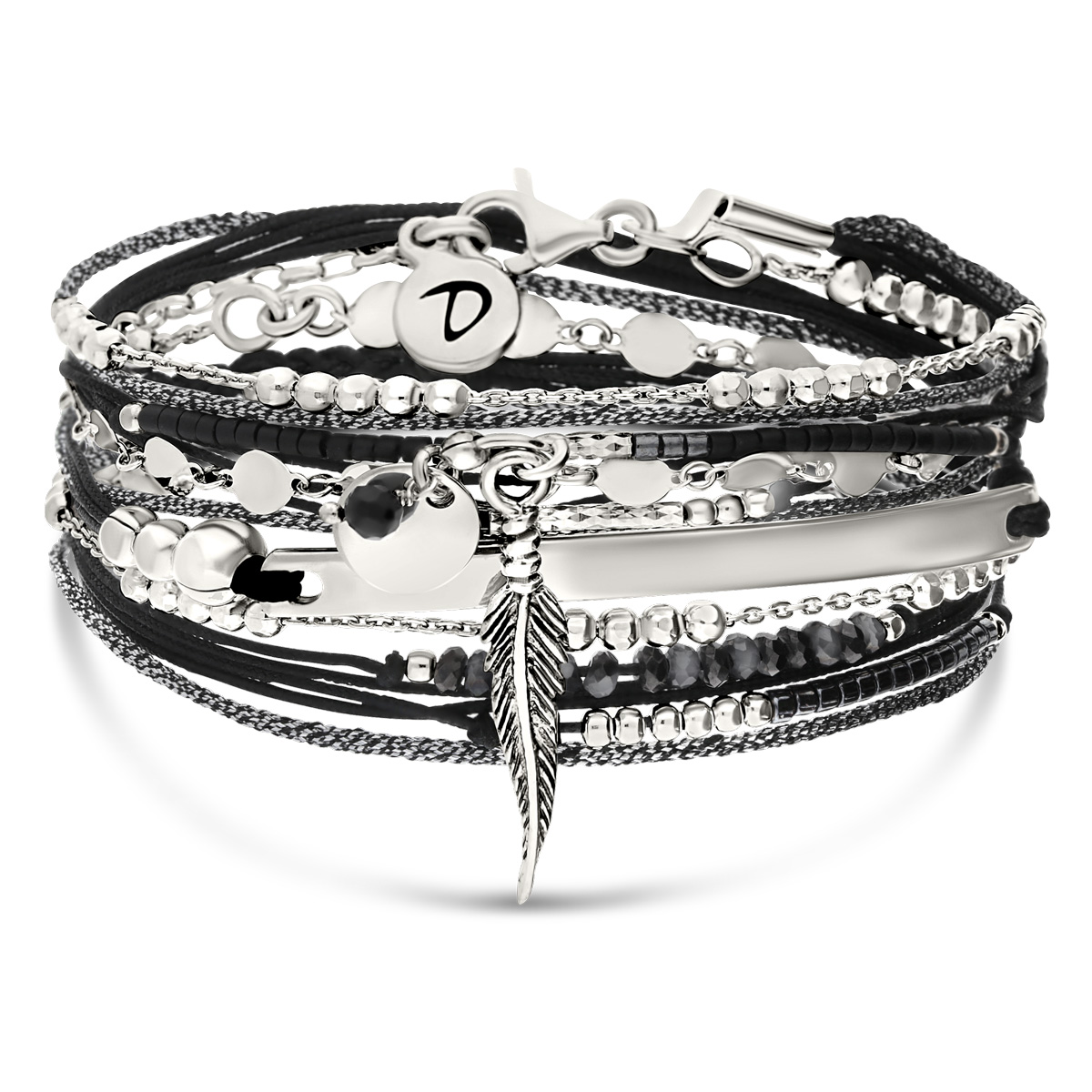 BRACELET MULTI TOURS NOIR BARRE COURBÉE ET PLUME