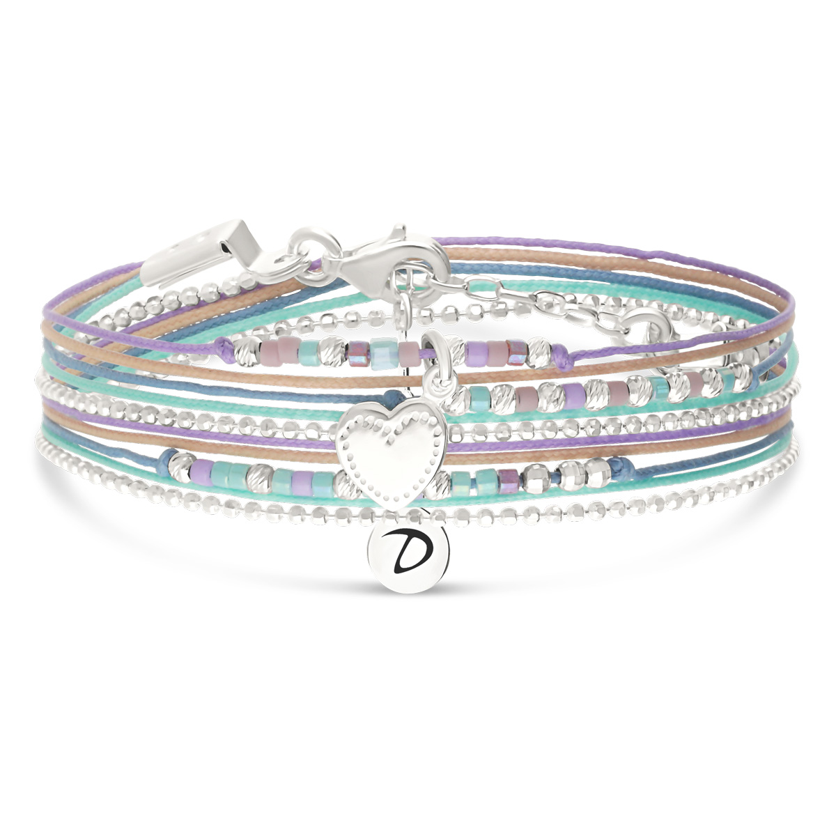 Bracelet 2 Tours Argent 925 Violet Turquoise Coeur D \' Amour Gravable