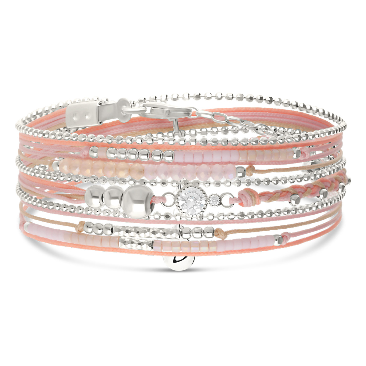 Bracelet 3 Tours Argent 925 Oxyde Rose Orangé