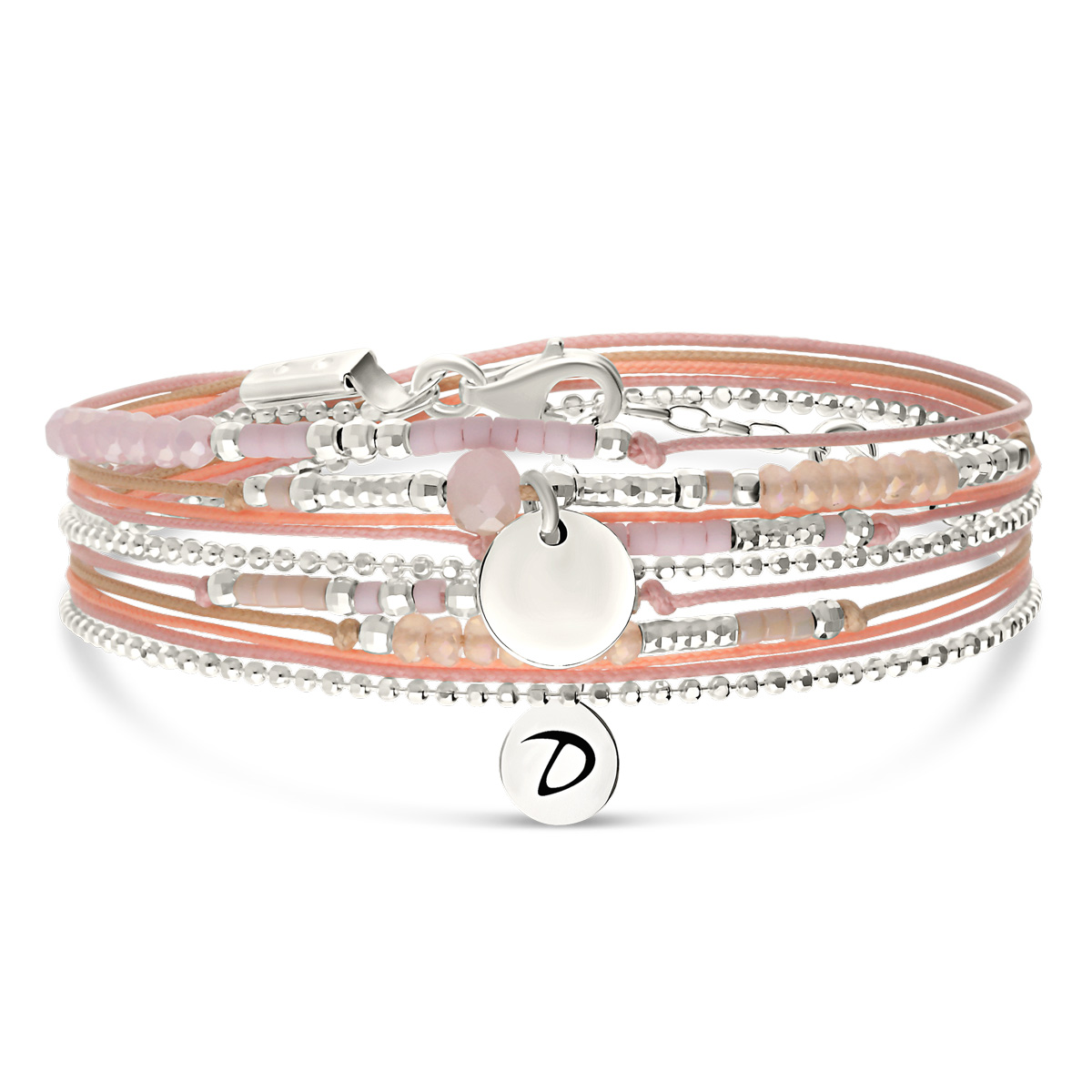 Bracelet 2 Tours Argent 925 Rose Orangé Atlanta Pastille Gravable