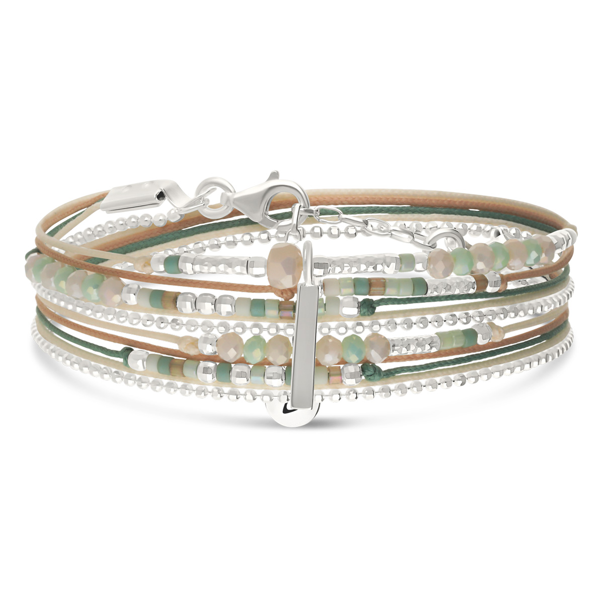 Bracelet 2 Tours Argent 925 Vert Crème Ligne Pure