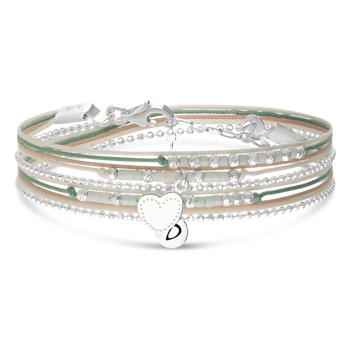 Bracelet 2 Tours Argent 925 Vert Crème Coeur D\' Amour Gravable