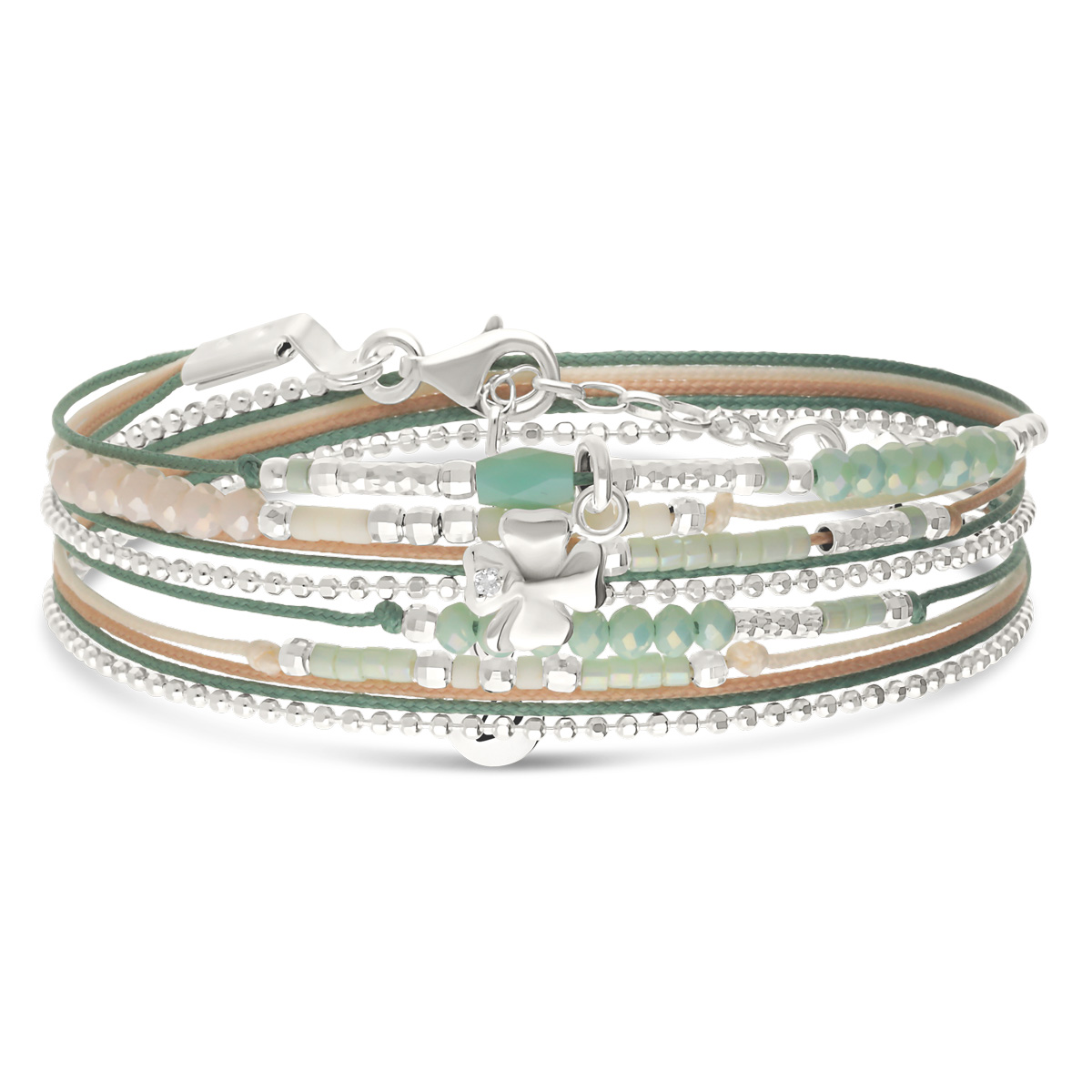 Bracelet 2 Tours Argent 925 Vert Amande Trèfle Orné D \' Un Zirconium