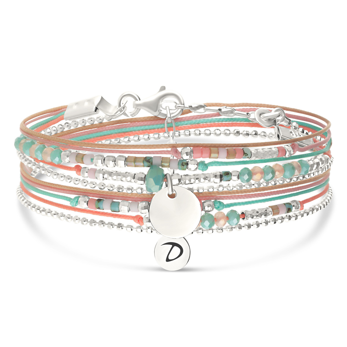 Bracelet 2 Tours Argent 925 Rose Turquoise Atlanta Pastille Gravable